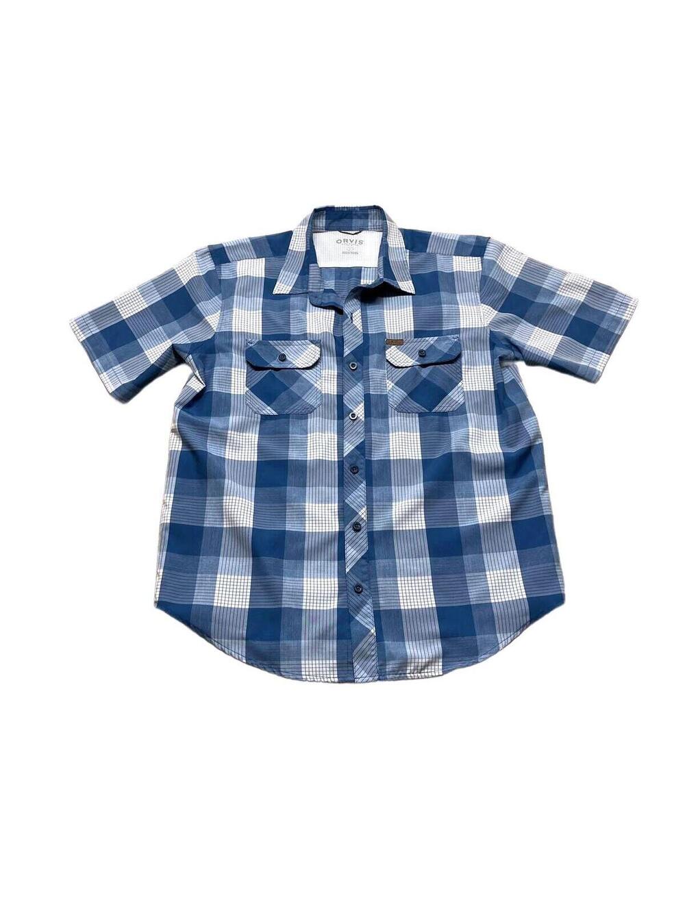 Orvis Men's Short Sleeve Blue Plaid Button-Up Shirt Size Large